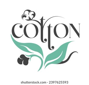 Production of textile and fabric, isolated organic and natural cotton material. Plant with leaves and soft fluffy ball flora. Promotional banner or logo, package sticker. Vector in flat style