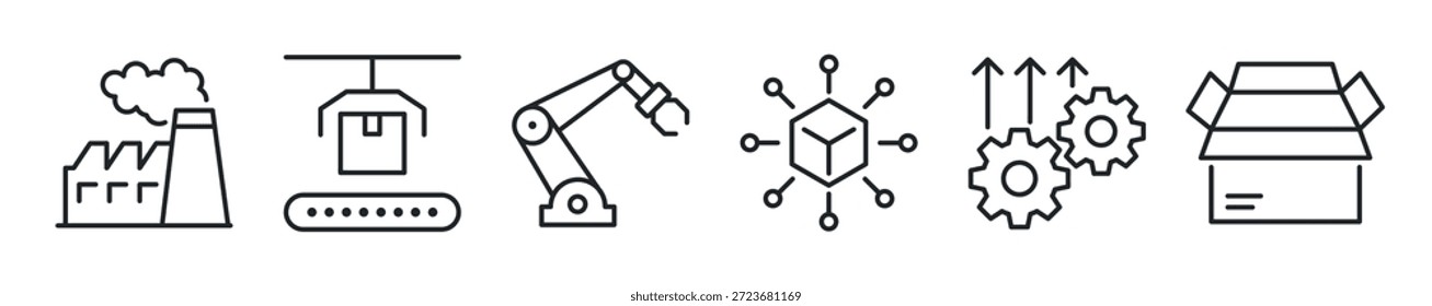 Conjunto de iconos de línea delgada de producción. Iconos mínimos de Web