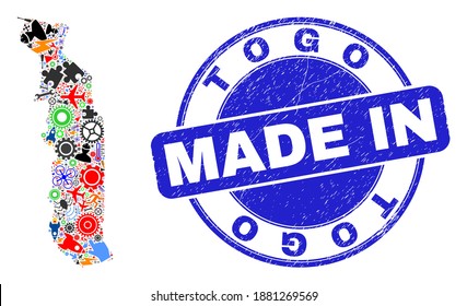 Production Togo map mosaic and MADE IN textured rubber stamp. Togo map mosaic designed with wrenches,cogs,screwdrivers,elements,vehicles,power strikes,details.