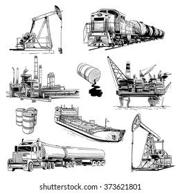 Production and transportation of petroleum products. Hand drawn vector illustration