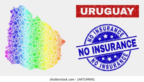 Production Uruguay map and blue No Insurance grunge seal stamp. Rainbow colored gradient vector Uruguay map mosaic of production elements. Blue round No Insurance stamp.