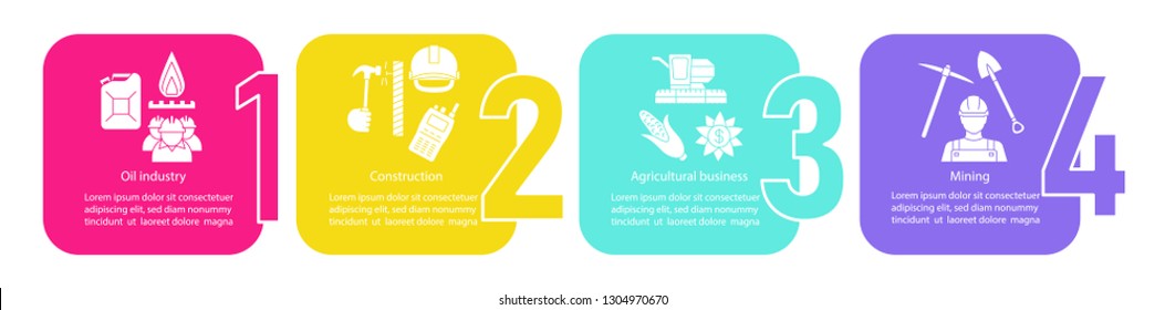 Production vector infographic template. Manufacturing. Oil industry, construction, farming, mining. Business presentation design elements. Data visualization. Process timeline chart. Workflow layout