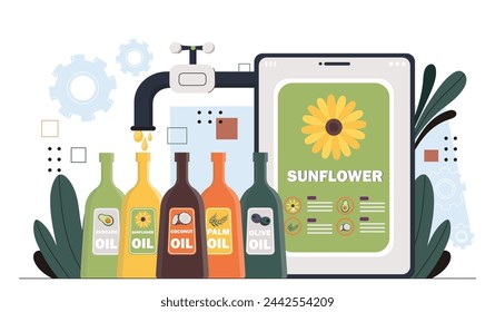 Production of vegetable oil concept. Natural and organic products and eating. Healthy food with vitamins. Sunflower, avocado and olive. Cartoon flat vector illustration isolated on white background