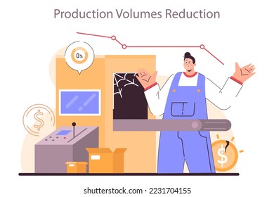 Production volumes reduction as a recession indicator. Production capacity decline. Significant, widespread, and prolonged economic slow down or stagnation. Flat vector illustration