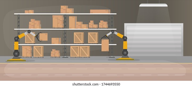 Production warehouse with boxes and pallets. Robotic arm works in a warehouse. Robot arm lifts boxes.