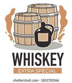 Production of whiskey, extra special components and technology of making. Cognac in oak barrel, fermentation of yeast. Liquors and brandy, emblem or label with inscription. Vector in flat style
