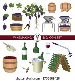 Production Of Wine, Winemaking, Winery. Design Elements: Harvest, Equipment, Tools, Containers, Accessories, Dishes For Wine. Large Set Of Isolated Icons On White Background. Vector Cartoon Style