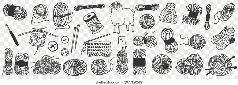 Production of wool doodle set. Collection of hand drawn wool for knitting and sewing and sheep for cutting various isolated on transparent background 