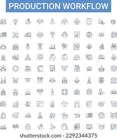 Production workflow outline icons collection. Manufacture, Process, Logistics, Assembly, Management, Planning, Optimization vector illustration set. QC, Control, Automation line signs