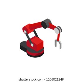 Productional robot machine with magnet on the end, vector illustration of industrial equipment and moving platform, banner isolated on white backdrop