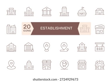 Una colección lista para la producción de 24 íconos de línea delgada que reflejan Establishment, ideal para escala.