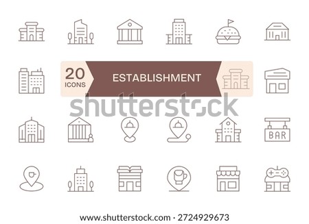 A production-ready collection of 24 Thin Line icons reflecting Establishment, ideal for scale.