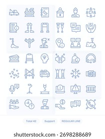 Una colección lista para la producción de 42 íconos de línea regular que reflejan la Asistencia, ideal para escala.