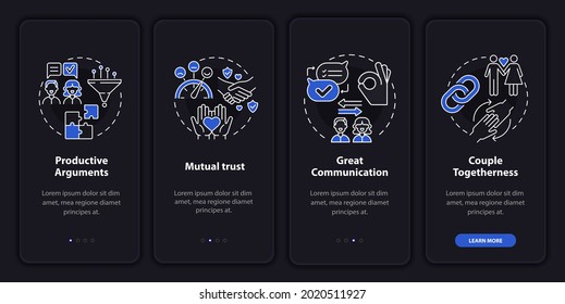Productive arguments onboarding mobile app page screen. Great communication walkthrough 4 steps graphic instructions with concepts. UI, UX, GUI vector template with linear night mode illustrations