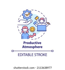 Productive Atmosphere Concept Icon. Positive Working Environment Abstract Idea Thin Line Illustration. Job Satisfaction. Isolated Outline Drawing. Editable Stroke. Arial, Myriad Pro-Bold Fonts Used