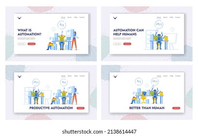 Productive Automation Landing Page Template Set. Intelligent System against Manual Labor. Office Characters Compete with Ai Cyborg at Workplace. Rpa Robotic Process. Cartoon People Vector Illustration