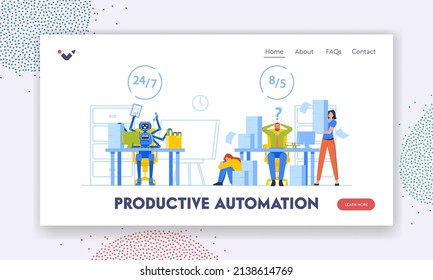 Productive Automation Landing Page Template. Intelligent System against Manual Labor. Office Characters Compete with Ai Cyborg at Workplace. Rpa Robotic Process. Cartoon People Vector Illustration