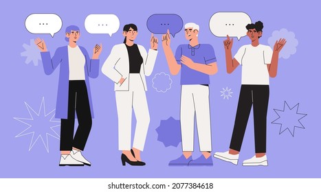 Productive business conversation between men and women. Art of corporate communication between coworkers, manager and team. Set of people talking or having lively discussion in office or meeting. 