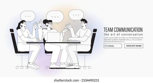 Productive business conversation between men and women. Art of corporate communication between coworkers, manager and team. Set of people talking or having lively discussion in office or meeting. 