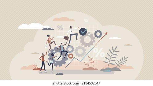 Productive business development with effective team tiny person concept. Company process optimization for high work efficiency and successful growth vector illustration. Teamwork productivity power.