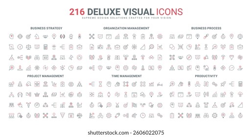 Productive business management and organization, focus on priorities and time, project startup line icon set. Efficiency of strategy, deal thin black and red outline symbols vector illustration