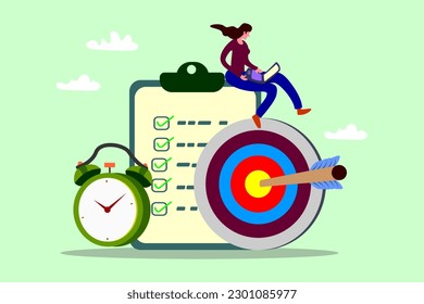 productive business woman working with computer laptop on checklist and alarm clock,