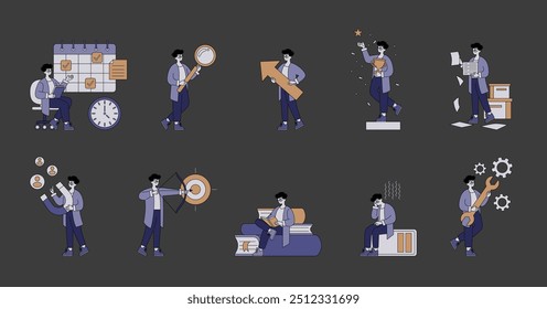 Productive businessman set. Multi-tasking, time management, and achievement. Work-life balance and professional growth in business. Vector illustration.