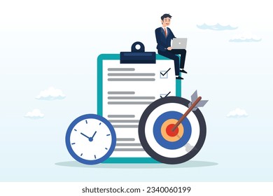 Productive businessman working with computer laptop on checklist and alarm clock, productivity, project management or efficiency to finish work and reach business goal, time management (Vector)