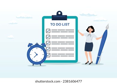 Productive businesswoman with pen and to do list clipboard with alarm clock, to do list, task management or completion tracking or reminder to finish assignment, work planning or schedule (Vector)