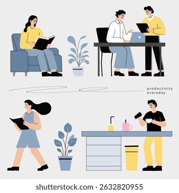 Productive Cafe Vibes - Modern People Reading and Working in Cozy Coffee Shop Vector Minimalist Illustration