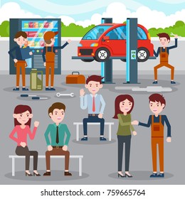 Productive Car Auto Repair Workshop Customer Illustration