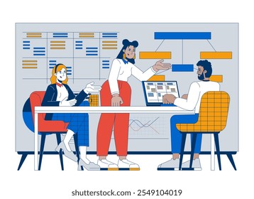 Productive collaboration in meeting room cartoon flat illustration. Business startup analytics. Briefing team members diverse 2D characters isolated on white background. Vector colorful image