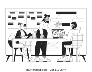 Productive collaboration in meeting room linear illustration. Business startup analytics. Briefing team members colleagues diverse 2D line characters isolated on white. Monochrome vector outline image