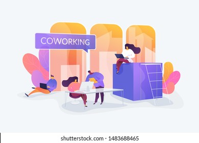 Productive cooperation, work organization, freelance and outsource. Coworking of freelancers, teamwork and communication, independent activity concept. Vector isolated concept creative illustration