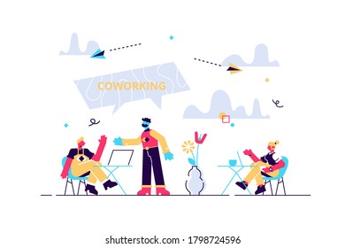 Productive cooperation, work organization, freelance and outsource. Coworking of freelancers, teamwork and communication, independent activity concept. Vector isolated concept creative illustration