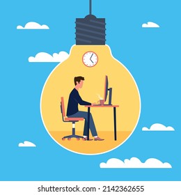 Productive. Creative process, happy sad man sitting at computer in light bulb, successful idea development, imagination and innovation in effective work, vector cartoon flat concept