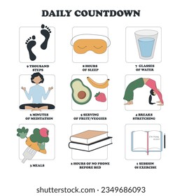 A Productive Daily Countdown To Make You Feel Happy And Healthy. Self-care illustration. To-do list for the day. Vector illustration. Do yoga, drink water, stretching, sleep well, eat healthy food. 