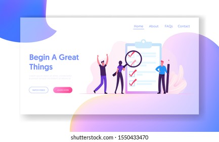 Productive Daily Planning and Task Management Website Landing Page. People Creating and Checking Plan on Huge Check List. Successful Goal Achievement Web Page Banner. Cartoon Flat Vector Illustration