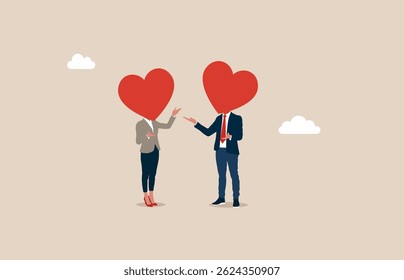 Productive dialogue. Business people with a  heart shape instead of a head on shoulders. Life insurance family protection, guarding and security cover your love one, protect from illness. 