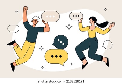 Productive dialogue concept. Man and woman communicate, characters interact. Students or colleagues, partnerships and coworking. Awareness and mindfulness metaphor. Cartoon flat vector illustration