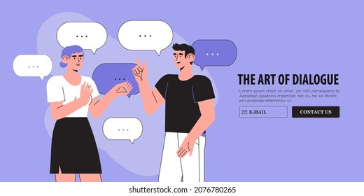 Productive dialogue or conversation between man and woman. Art of business and corporate communication between coworkers, manager and team. People or couple talk or have lively discussion in office. 