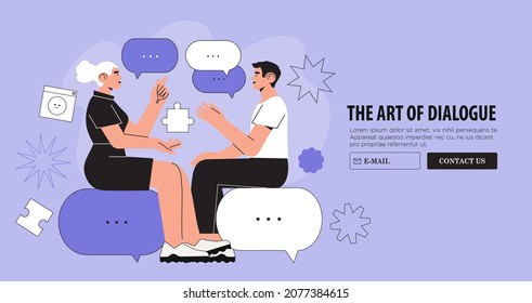 Productive dialogue or conversation between man and woman. Art of business and corporate communication between coworkers, manager and team. People or couple talk or have lively discussion in office. 