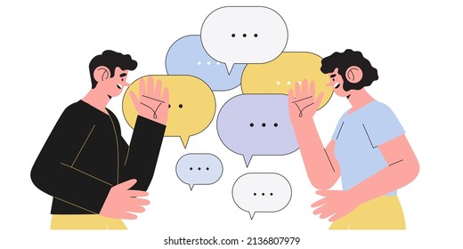 Productive dialogue or conversation between man and woman. Art of business and corporate communication between coworkers, manager and team. People or couple talk or have lively discussion in office.