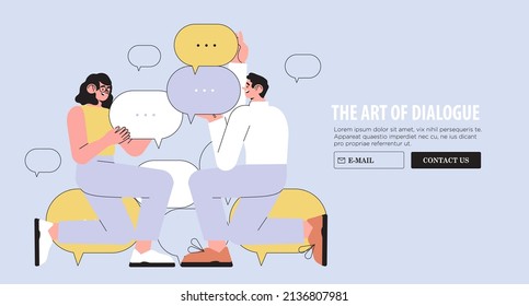 Productive dialogue or conversation between man and woman. Art of business and corporate communication between coworkers, manager and team. People or couple talk or have lively discussion in office.