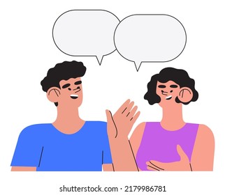 Productive dialogue or conversation between man and woman. Art of business and corporate communication between coworkers, manager and team. People or couple talk or have lively discussion in office. 