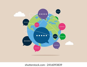 Productive dialogue or conversation between on world map across globe. Flat vector illustration