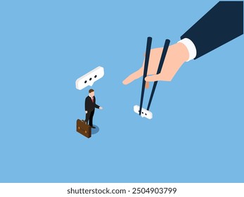 Productive dialogue. Gamma arms fingers hold chopsticks with dialogue. Art corporate communication between coworkers, manager and team 3d isometric vector illustration