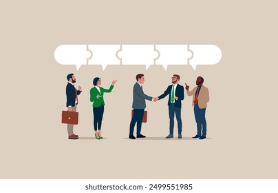 Productive dialogue. Meeting discussion to get solution, collaboration. Business team people talk with speech bubble jigsaw connect. Flat vector illustration.