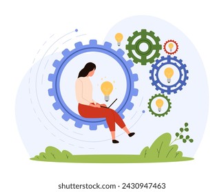 Productive employee work process, efficiency and productivity. Tiny woman sitting with laptop and bright light bulb inside gear to work on innovation idea and solution cartoon vector illustration