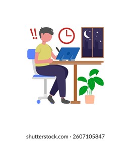 Productive Evening Work Session Flat Vector Illustration